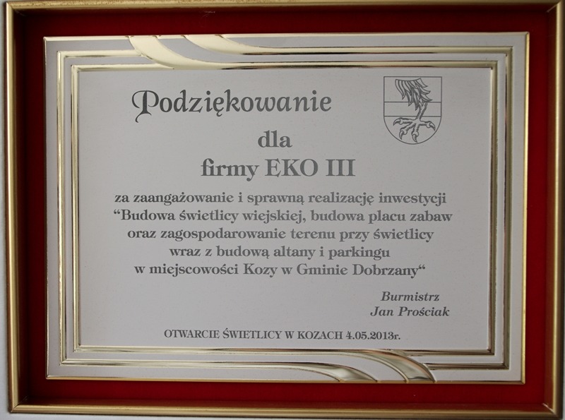 Zdjęcie podziękowania za wykonanie świetlicy wiejskiej w Kozach.